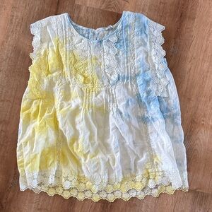 POL Womens Lace-Trim Tie-Dye Top — Yellow & Light Blue - Size Small